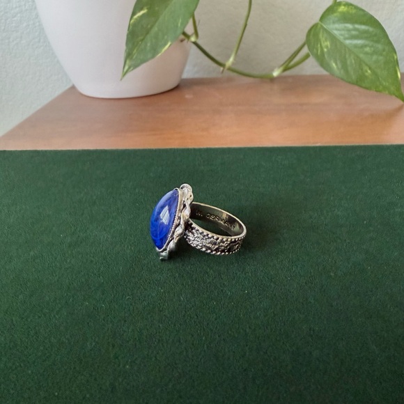 Gorgeous Vintage West Germany Blue Glass Cabochon Silver Tone Adjustable Ring - Picture 10 of 14